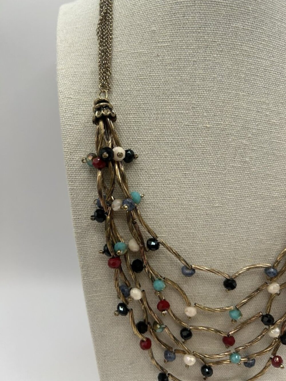 Vintage Gold Tone Multi Strand Beaded Necklace Acrylic Statement Bib Boho Chunky - Picture 5 of 9